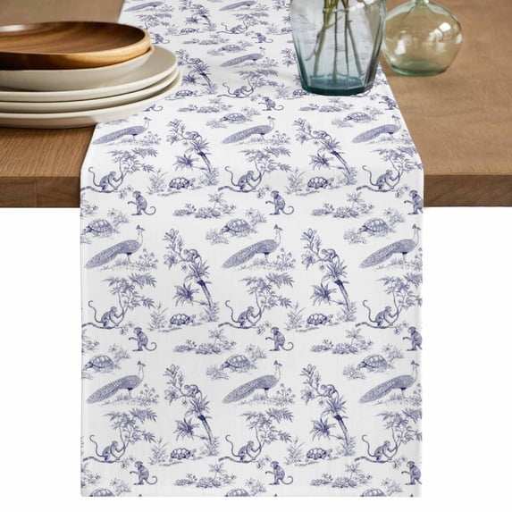 Farmhouse Monkey Table Runner 72 Inches, Vintage Blue Plants Rustic Turtles Peacock Bed Runner Dresser Scarves Tabletop for Indoor Outdoor Parties/Ceremony/Banquet, 14" x 72"