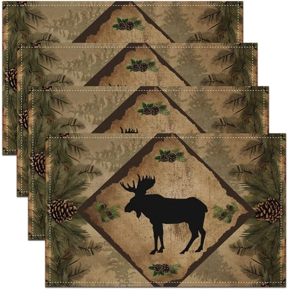 Farmhouse Moose Placemats Wild Animal Silhouette Rustic Style Kitchen Mats for Kids Teens Adults Jungle Cartoon Pine Cones Green Leaves Table Mats for Dining Table 12x18 Inch Set of 4