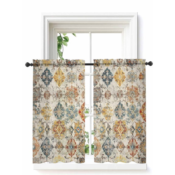 Farmhouse Morocco Curtains 45 Inch Length, Sheer Curtains for Bedroom Living Room Window Boho Abstract Shabby Texture Art Rod Pocket Voile Drapes Kitchen Curtains Small Half Window 52"x45" 2 Panels
