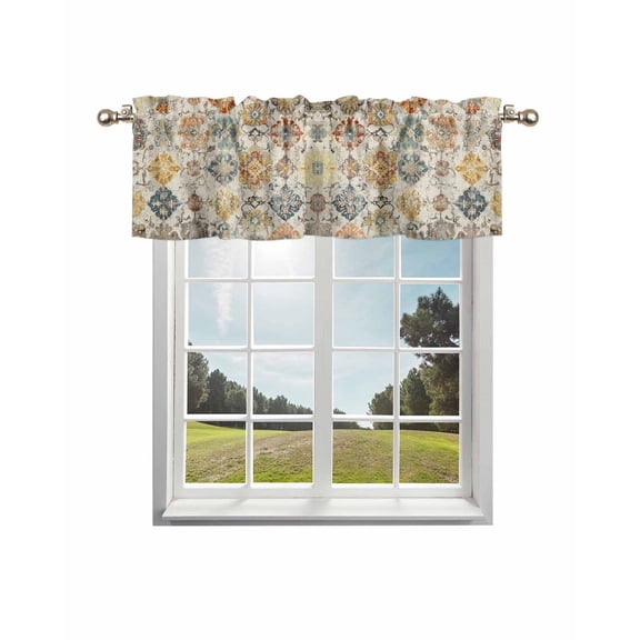 Farmhouse Morocco Kitchen Curtain Valances for Windows Farmhouse Short Curtains, Boho Abstract Shabby Texture Art Rod Pocket Valance Curtain for Bedroom Cafe Living Room 56"x16"