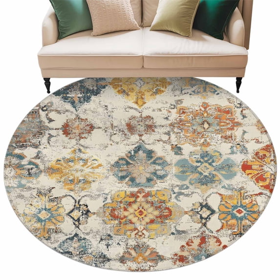Farmhouse Morocco Large Area Rugs for Bedroom Living Room, Soft Non Slip Carpet Bedside Rug, Boho Abstract Shabby Texture Art Round Floor Cover Kitchen Accent Rug 6' for Dining Room/Office