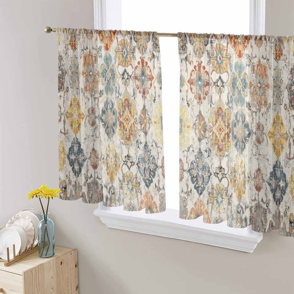 Farmhouse Morocco Semi Sheer Curtains 45 Inch Length 2 Panels Set, Boho Abstract Shabby Texture Art Sheer Kitchen Curtain Privacy Voile Window Curtain for Living Room Bedroom Rod Pocket Drapes
