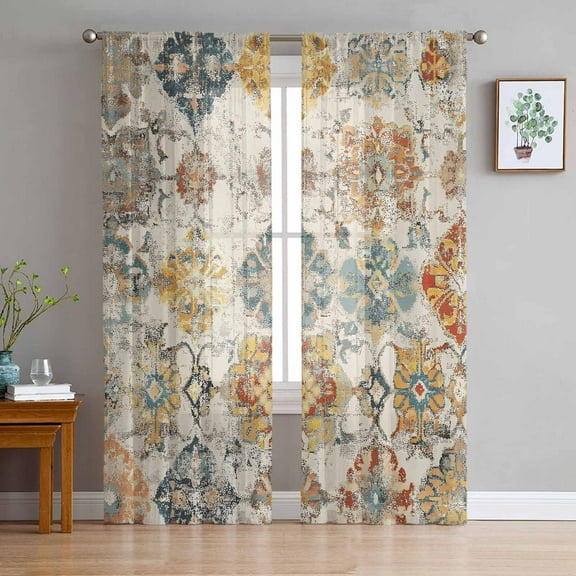 Farmhouse Morocco Semi Sheer Curtains 72 Inch Length 2 Panels Set, Boho Abstract Shabby Texture Art Sheer Kitchen Curtain Privacy Voile Window Curtain for Living Room Bedroom Rod Pocket Drapes