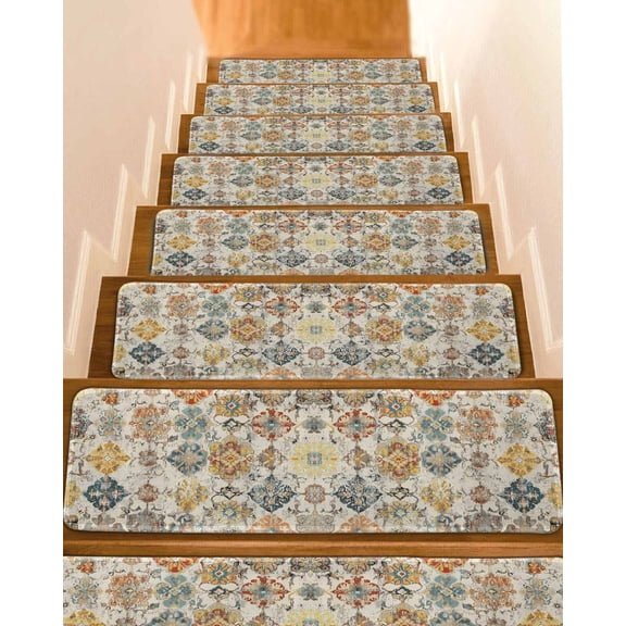 Farmhouse Morocco Stair Treads for Wooden Steps Indoor Runner Rug Carpet, Boho Abstract Shabby Texture Art 4 Pieces Peel and Stick Staircase Step Treads Covers Washable Throw Door Mats, 30"x8"