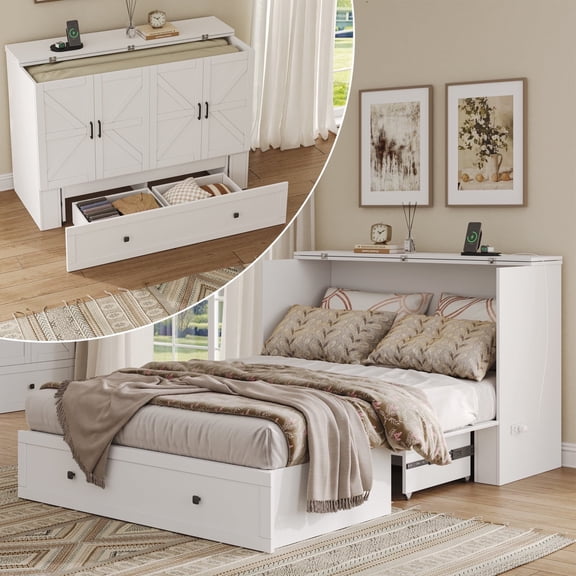 Farmhouse Murphy Bed With Storage and Build-in Charging Station For Bedroom,Guest Room, Full Size
