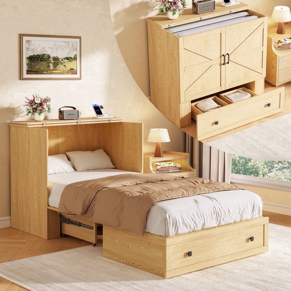 Farmhouse Murphy Bed with Storage and Build-in Charging Station for Bedroom, Guest Room, Twin Size
