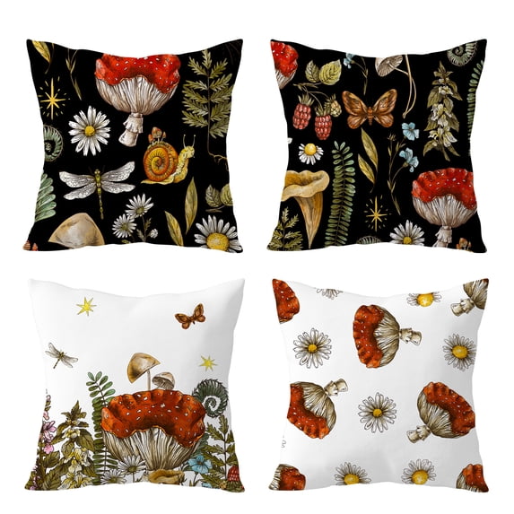 Farmhouse Mushroom Floral Butterfly Pillow Covers Set of 4,Rustic Colorful Flower Throw Pillow Covers Nature Flower Plant Decorative Pillow Covers for Couch Sofa Bed Home Decor Pillowcase, 18x18 Inche