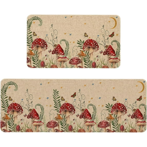 Farmhouse Mushroom Kitchen Rugs and Mats Set of 2, Seasonal Mushroom Kitchen Rug Non-Slip Washable Floor Mat for Home Kitchen Decor - 17x29 and 17x47 Inch
