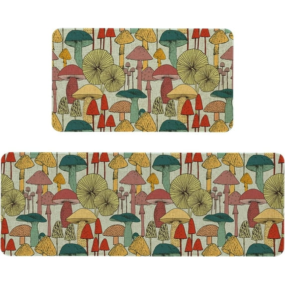 Farmhouse Mushroom Kitchen Rugs and Mats Set of 2, Mushroom Kitchen Rug Non-Slip Washable Floor Mat for Home Kitchen Decor - 17x29 and 17x47 Inch