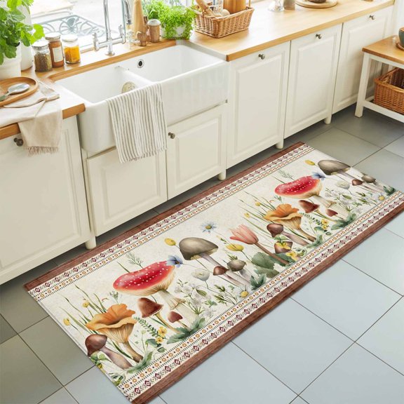 Farmhouse Mushrooms Floral Rectangle Area Rug 2x6ft,Living Room Rug Non-Slip Washable Circle Rugs Pad,Vintage Southwest Ethnic Soft Floor Carpet for Bedroom Dining Room