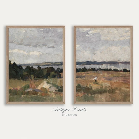 Farmhouse Muted Countryside Landscape Vintage Split Wall Art Set 2 Stretched Canvas 16x24