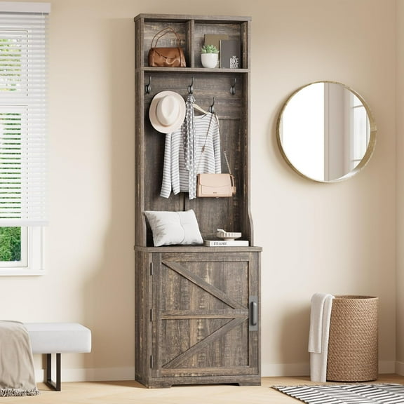Farmhouse Narrow Coat Rack with Shoe Storage, 23.6" Small Hall Tree with Bench, Entryway Coat Rack with 5 Hooks, 2 Cubbies & 1 Barn Door Cabinet for Entryway, Hallway, Mudroom, White/Brown