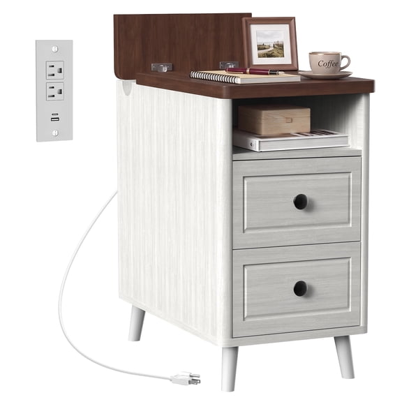 Farmhouse Narrow End Table with Charging Station – Fluted Nightstand Built-in USB-C Port, Storage Cabinet & Rear Rack, Space-Saving for Small Bedrooms, White Walnut
