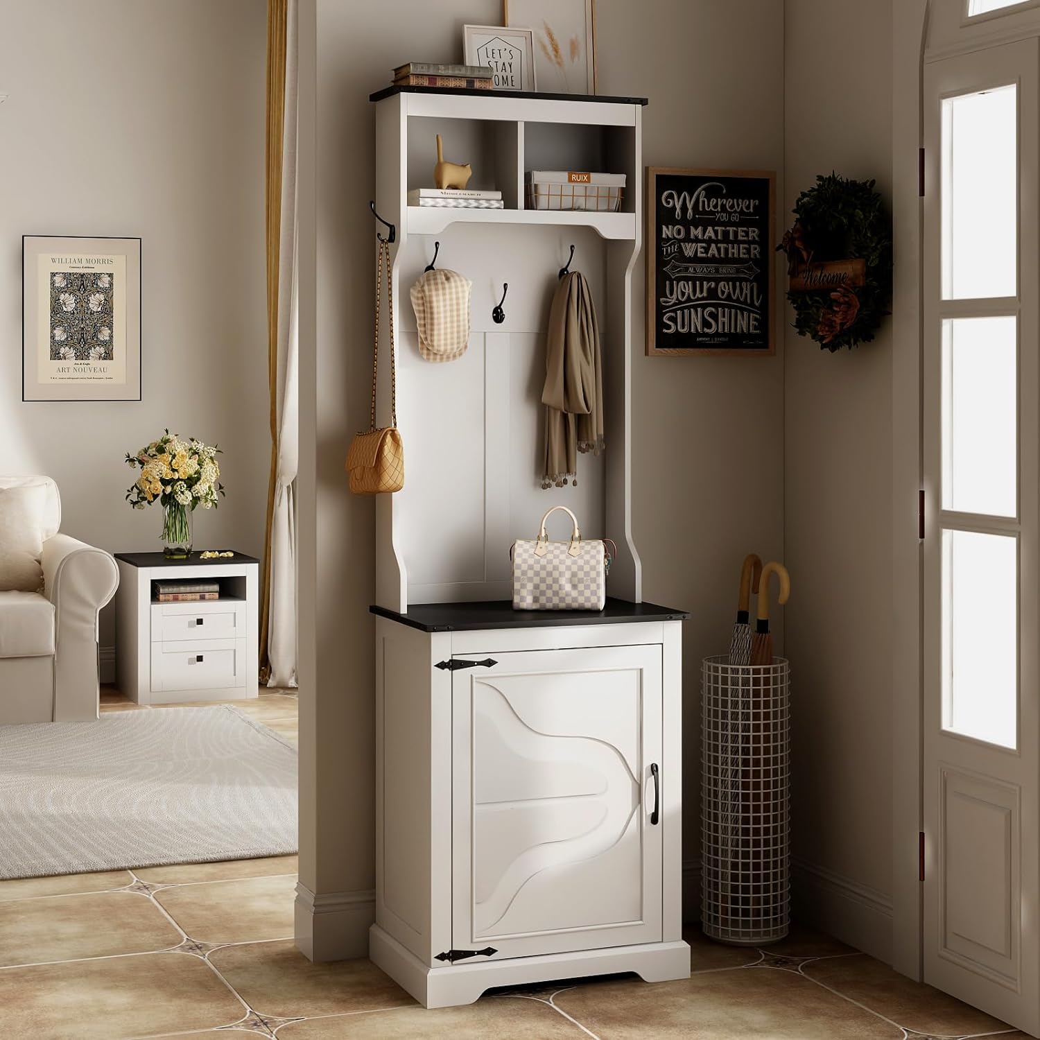 Farmhouse Narrow Hall Tree with Shoe Storage Bench, 6 Shoe Cubbies & 5