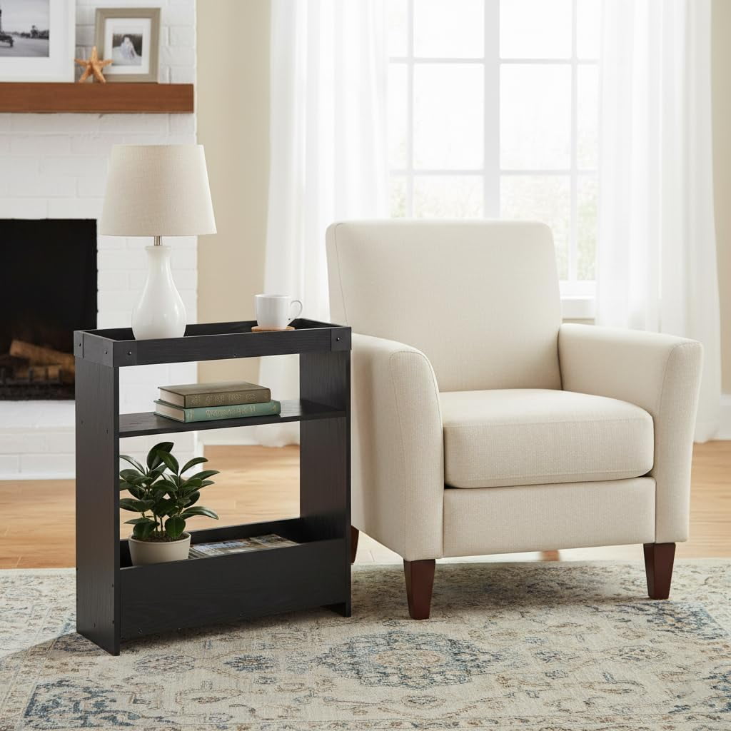 Farmhouse Narrow Side Table with Tray Top & Magazine Rack, 24