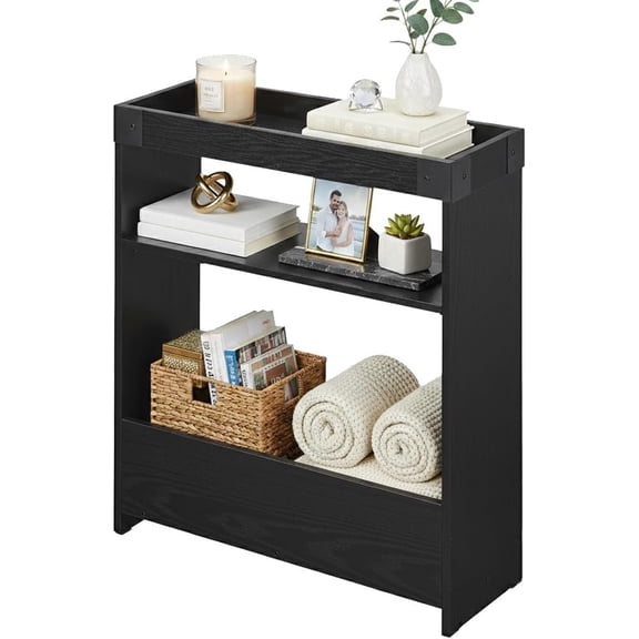 Farmhouse Narrow Side Table with Tray Top & Magazine Rack, 24" H Sofa Couch Side Table with Storage Shelf, Slim End Table for Small Spaces, Modern Nightstand for Bedroom, Living Room (Black)