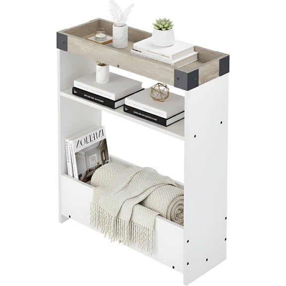 Farmhouse Narrow Side Table with Tray Top & Magazine Rack, Oak & White Sofa Couch Side Table with Storage Shelf, 24" Slim End Table for Small Spaces, Modern Nightstand for Bedroom, Living Room