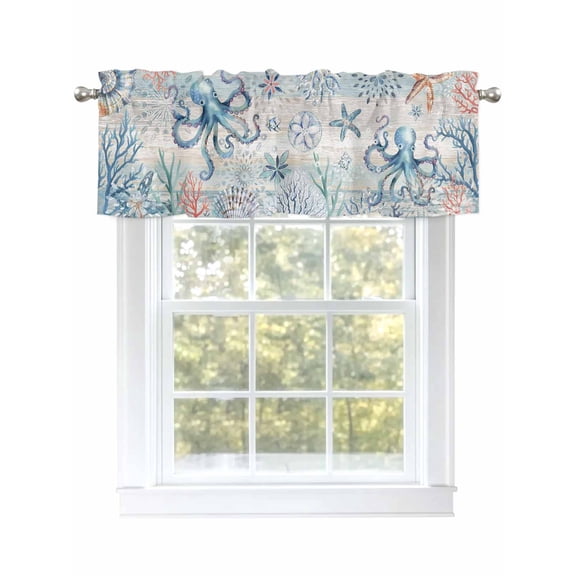 Farmhouse Nautical Octopus Valances for Windows, Rod Pocket Kitchen Valance Curtains - Soft & Washable Small Window Treatment for Living Room, Bathroom, Navy Blue , 42x12 Inch, 1 Panel