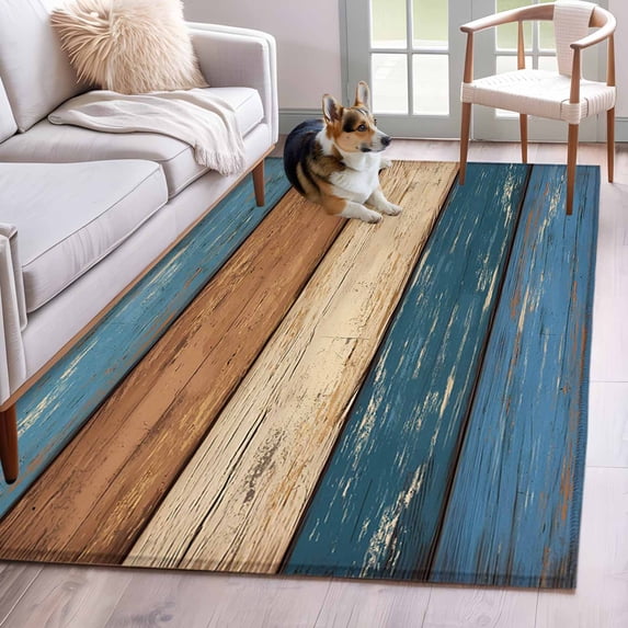 Farmhouse Navy Blue Brown Area Rug 4x6 Washable Rug Non Slip Vintage Wooden Striped Large Area Rug Indoor Floor Carpet for Entryway Bedroom Kitchen Living Room Home Office Dining Room Nursery