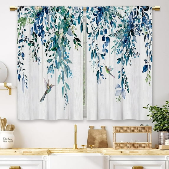 Farmhouse Navy Blue Eucalyptus Kitchen Curtains Floral Botanical Leaf Wooden Small Short Cafe Window Curtains Rustic Flower Plant Herb Bathroom Drapes Treatment Tier Curtains (27.5x39 Inch)