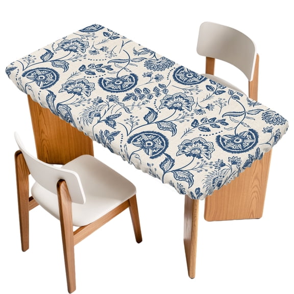 Farmhouse Navy Blue Floral Fitted Rectangle Tablecloth 24" x 50" Linen Boho Paisley Flower Rustic Elastic Table Cloth Fits for 4 Foot Folding Tables Waterproof Table Cover for Picnic Camping Outdoor