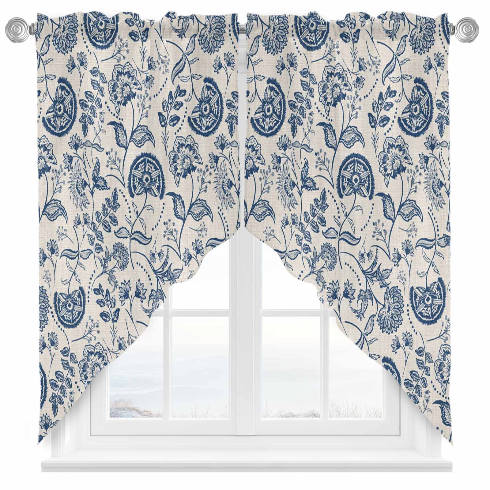 Farmhouse Navy Blue Floral Swag Valances for Windows 2 Pack Linen Boho Paisley Flower Rustic Swag Kitchen Curtains 63 Inches Long Rod Pocket Short Window Treatment for Kitchen Bathroom 36"x63"