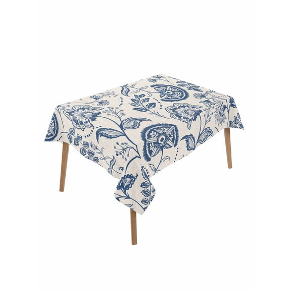 Farmhouse Navy Blue Floral Table Cloth 52x70 Inch Rectangle, Linen Boho Paisley Flower Rustic Waterproof Tablecloth Washable Table Cover for Party Picnic Dinner Decor