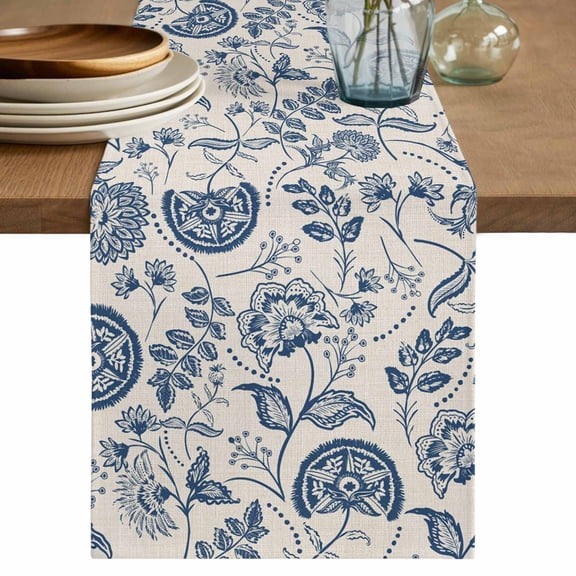Farmhouse Navy Blue Floral Table Runner, Linen Boho Paisley Flower Rustic Cotton Linen Kitchen Table Decoration Washable Dining Tabletop Runners for Home Party Decor 13x90 Inches