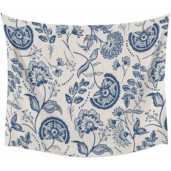 Farmhouse Navy Blue Floral Tapestry Linen Boho Paisley Flower Rustic Wall Hanging Wall Tapestry for Bedroom Living Room Dorm Backdrop Home Decor 90x60 Inch