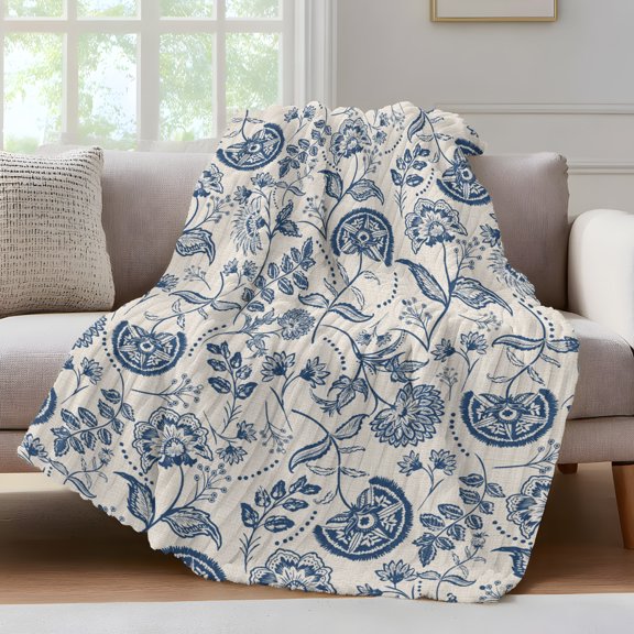 Farmhouse Navy Blue Floral Throw Blanket for Couch Linen Boho Paisley Flower Rustic Soft and Warm Flannel 3D Striped Fluffy Fuzzy Fleece Blanket Lightweight Throw for Bed, Sofa 30 x 40 Inches