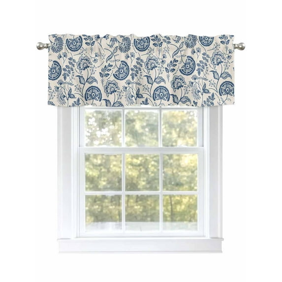 Farmhouse Navy Blue Floral Valances for Windows Linen Boho Paisley Flower Rustic Kitchen Valance Curtain Rod Pocket Small Curtains for Cafe Bathroom Laundry Basement 54" x 18"