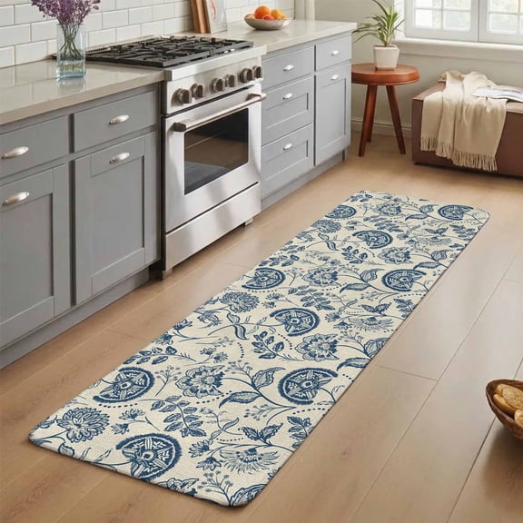 Farmhouse Navy Blue Floral Washable Runner Rug 2X5 ft Linen Boho Paisley Flower Rustic Non-Slip Hallway Runner Rug, Linen Kitchen Runner Mats, Indoor Floor Carpet for Entryway Bathroom Bedroom