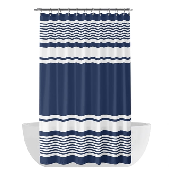 Farmhouse Navy Blue Shower Curtain - Water Repellent Fabric Shower Curtains Washable, Farmhouse Blue Line Striped Decorative Polyester Cloth Bathroom Curtains Modern Bath Decor 36"x72"