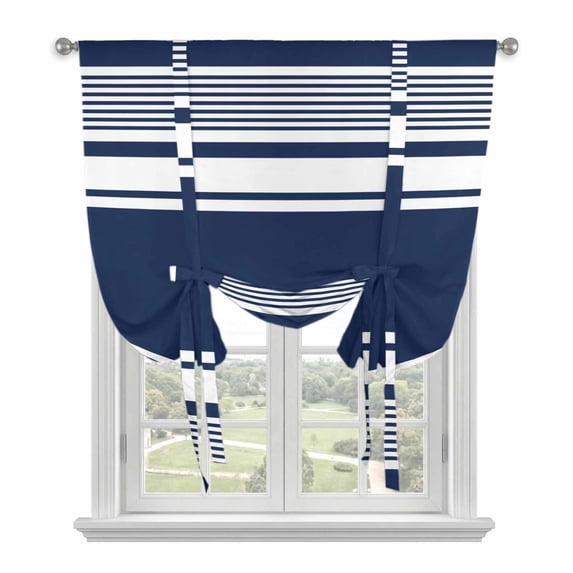 Farmhouse Navy Blue Tie Up Curtains for Kitchen Windows,Adjustable Rod Pocket Valance 45 Inch Short, Farmhouse Blue Line Striped Window Treatment Balloon Roman Blind Shade, 52" x 45"