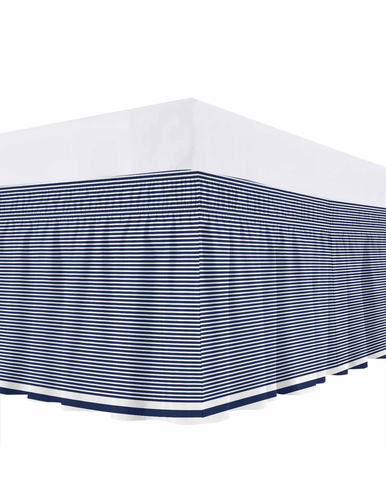 Farmhouse Navy Blue White Striped Bed Skirt King Size, Modern Stripes Wrap Around Bed Skirting with Adjustable Elastic Strap, Dust Ruffle Pleated Bedskirts 16 Inch Drop for Bedroom King Beds