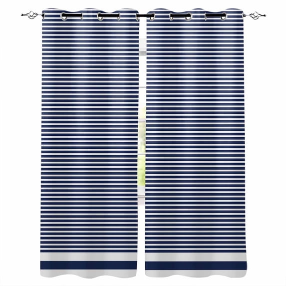 Farmhouse Navy Blue White Striped Blackout Curtains for Bedroom/Living Room, Thermal Insulated Kitchen Curtains, Modern Stripes Grommet Darkening Window Treatment Drapes 42"x84"x2
