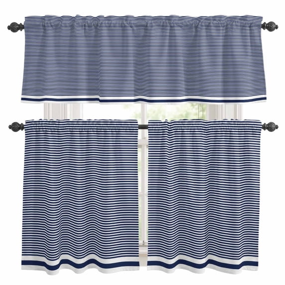 Farmhouse Navy Blue White Striped Kitchen Curtains Sets for Windows 36 Inch Length, Modern Stripes Rod Pocket Window Treatments Tier Curtains and Valances Set for Bedroom/Bathroom