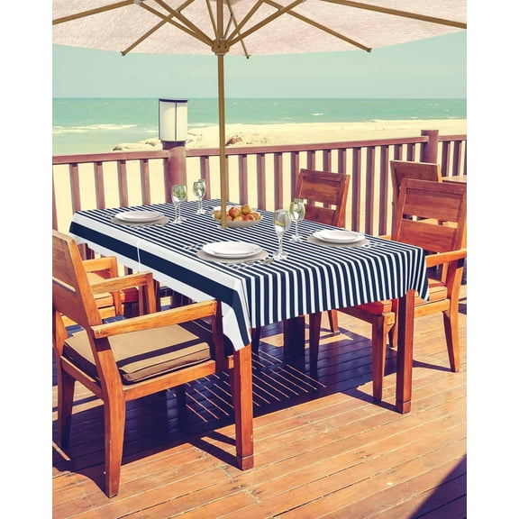 Farmhouse Navy Blue White Striped Outdoor Tablecloth - 60x84 Inch Rectangle Dining Table Cover, Modern Stripes Waterproof Outdoor Table Cloth with Umbrella Hole & Zipper for Picnic/Patio