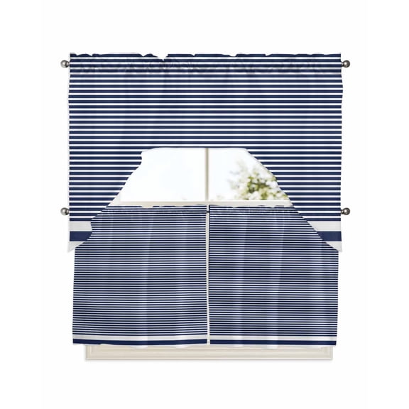 Farmhouse Navy Blue White Striped Swag Valance and Tier Curtains 24'' Length Set, Modern Stripes Light Filtering Kitchen Curtains, Tier Curtain Valances for Bathroom/Living Room/Bedroom/Café