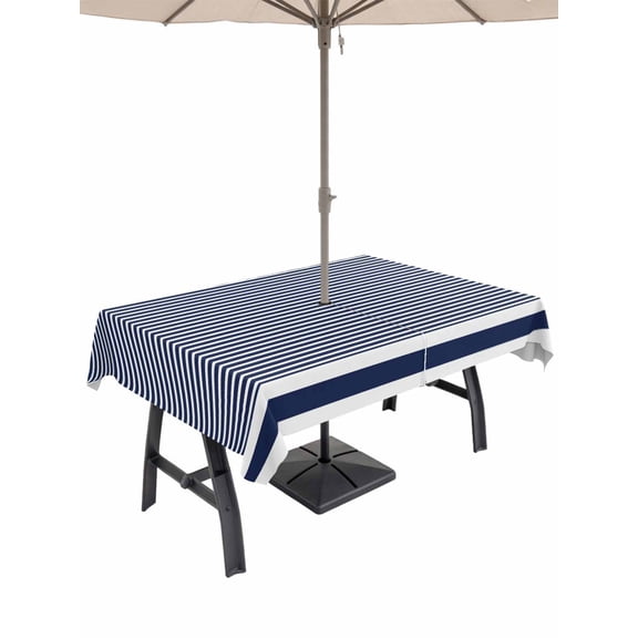 Farmhouse Navy Blue White Striped Table Cloth Rectangle Outdoor Tablecloth, Modern Stripes Waterproof Wrinkleproof Table Cover with Umbrella Hole and Zipper for Party/Dining/Patio/Wedding 52x70 Inch