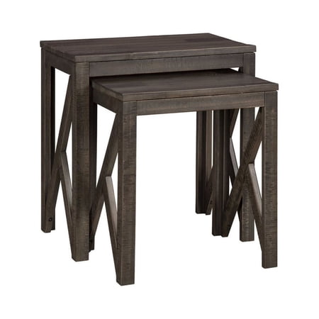 Farmhouse Nesting Accent Table with Wooden Geometric Base, Set of 2, Gray- Saltoro Sherpi