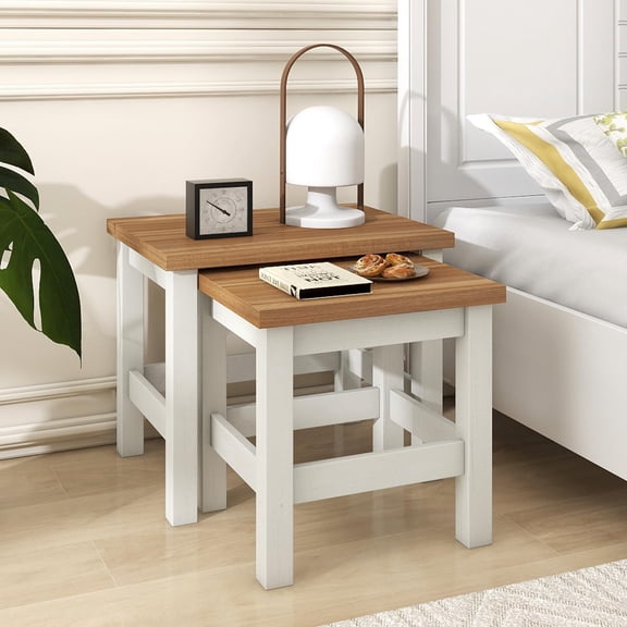 LAZZO Farmhouse Nesting Table Set of 2, Modern Square Wooden Coffee Side Table for Living Room Bedroom