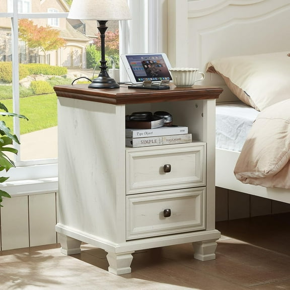 Farmhouse Night Stand with Charging Station, Rustic White Nightstand,2 Drawers End Table for Living Room,Bedside Table with Open Shelf for Bed Room,White