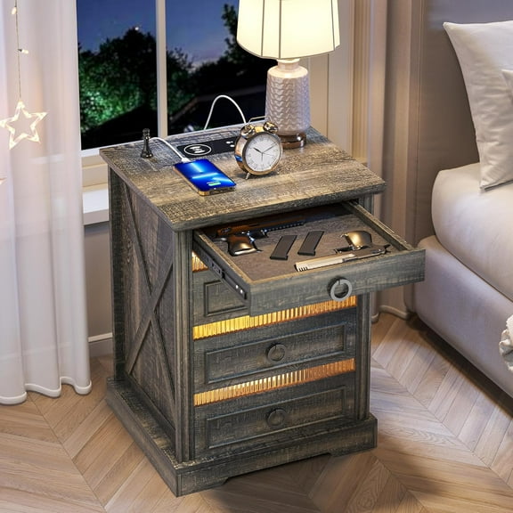 Farmhouse Night Stand with Gun Drawer, Bedside Table with Charger Station, LED Nightstand with Human Sensor Light, Smart End Table for Bedroom Livingroom, Rustic