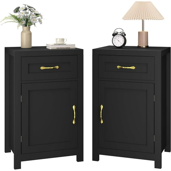 Farmhouse Night Stand Set of 2, 30” Rustic End Table with Drawer and Storage Cabinet, Wood Sofa Side Bedside Table with Adjustable Shelf for Living Room, Bedroom, Black