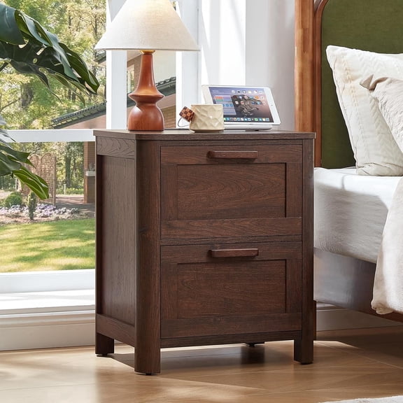 Farmhouse Night Stand with Charging Station, Dark Walnut End Table with 2 Drawers & R-Shaped Legs, Rounded Corner Side Table for Bedroom Living Room