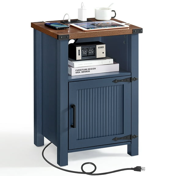 Farmhouse Nightstand 1 Piece with Shelf and Barn Door Wood Modern Beside Tables for Bedroom Living Room, Blue