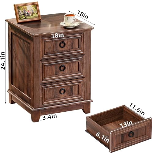 Farmhouse Nightstand, 18 Inch End Table with 3 Drawer Metal Handle ...