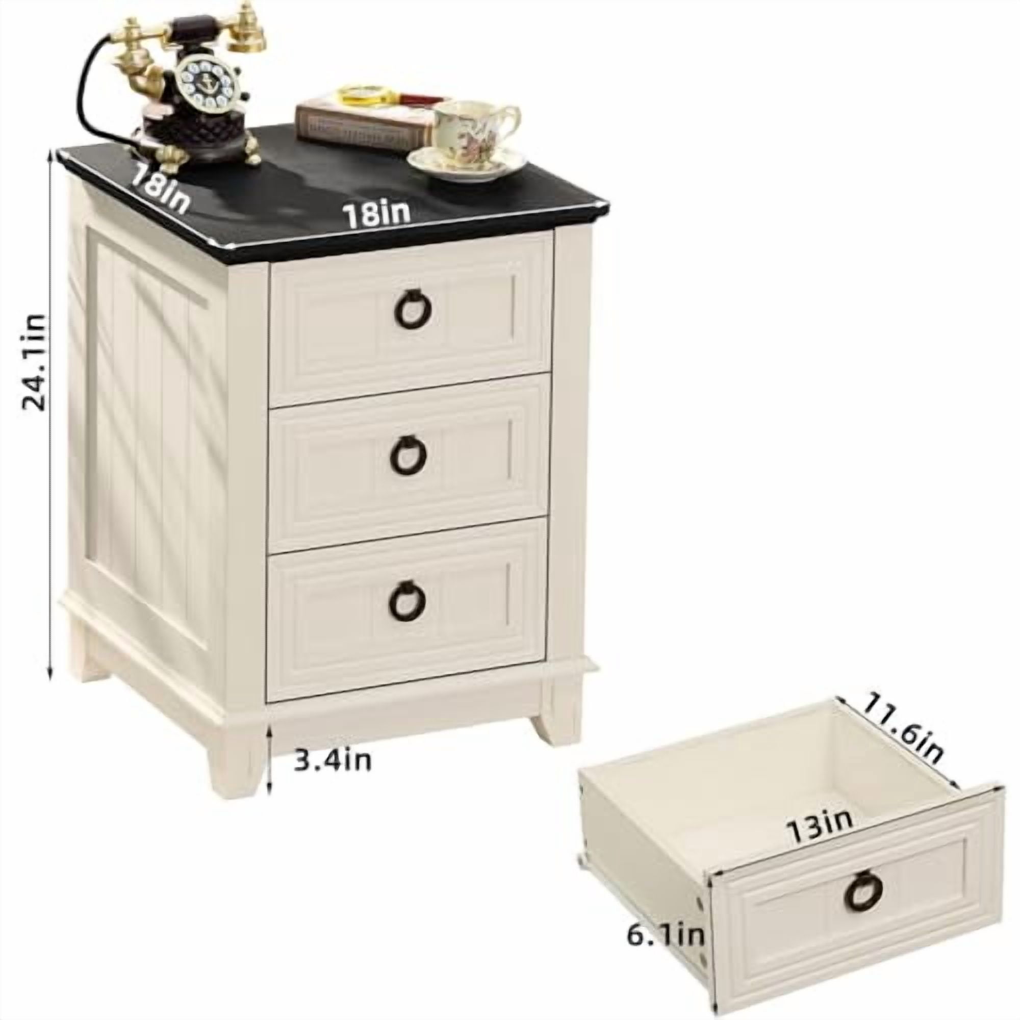 Farmhouse Nightstand, 18 Inch End Table with 3 Drawer Metal Handle ...