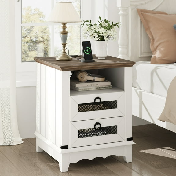 Farmhouse Nightstand 18" inch Side Table with Charging Station Bedside Table with 2 Drawers Night Stand, End Table with Open Cubby for Living Room